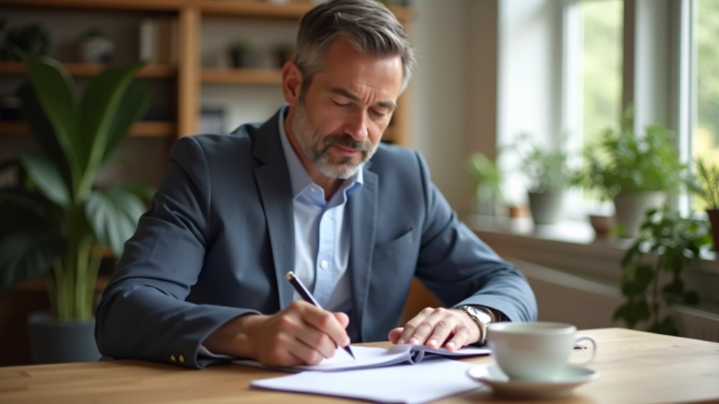 Persona che scrive un piano strategico su carta con caffè sulla scrivania in una stanza tranquilla