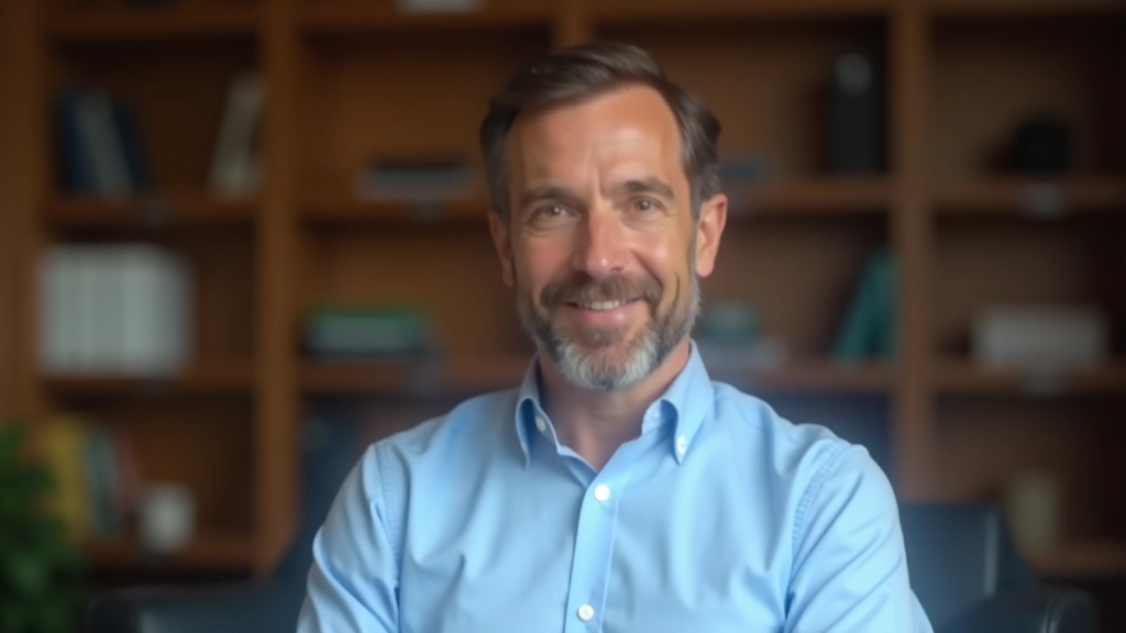 Marco Rossi in uno studio moderno durante una sessione di consulenza, ambiente professionale con libri sulla produttività sullo sfondo