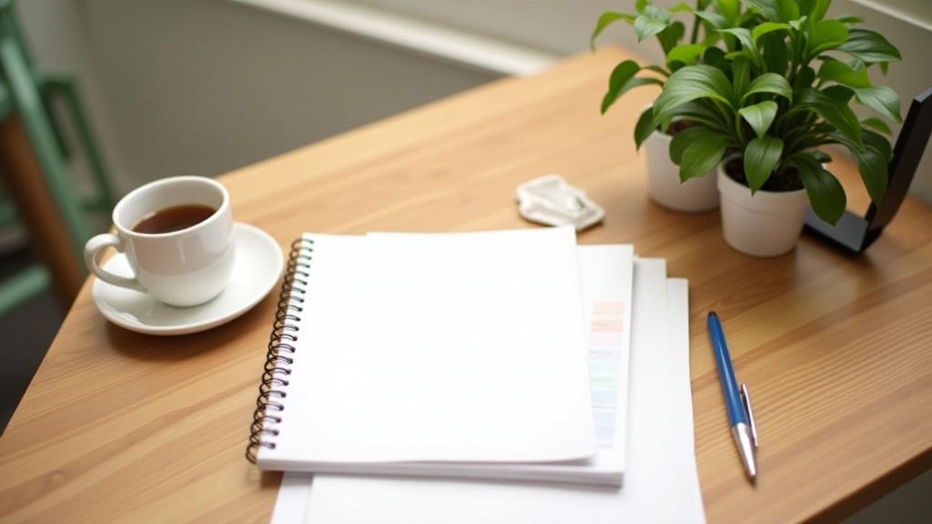 Area di lavoro ordinata con agenda, caffè e piante verdi su scrivania di legno