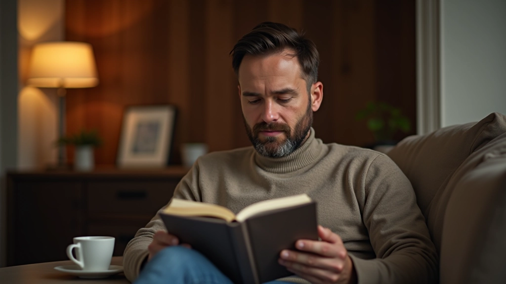 Persona che legge un libro in un ambiente accogliente, tazza di caffè e pianta sulla tavola, luce calda e soffusa
