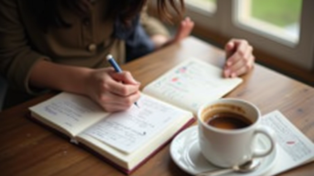 Persona che prende appunti su un taccuino con una tazza di caffè accanto