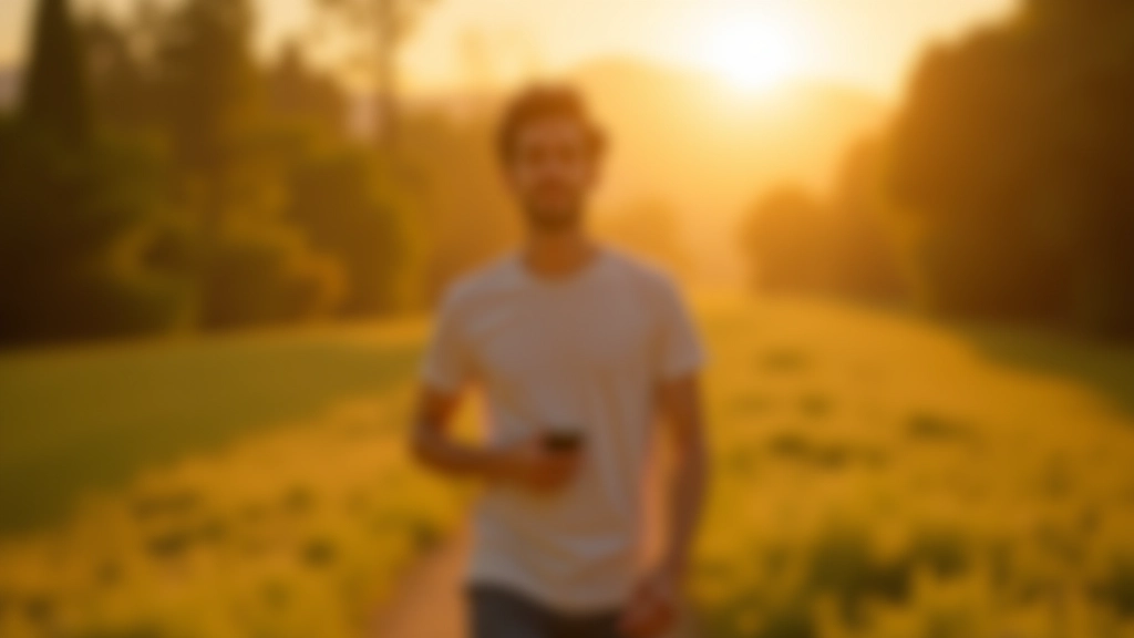 Persona che cammina in un parco al tramonto con uno zaino, aspetto rilassato e pacifico