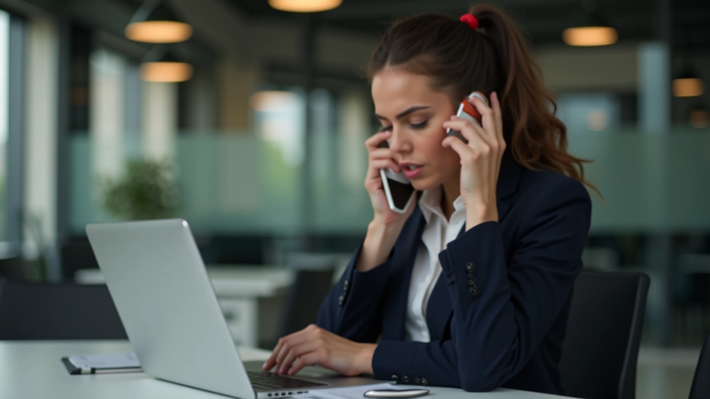 Persona al telefono durante una riunione urgente in ufficio, concentrata su uno schermo, luci d'ufficio