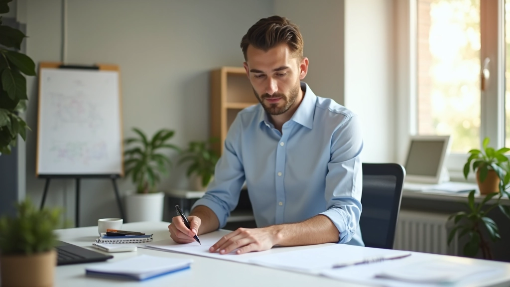 Un professionista lavora in uno spazio di lavoro moderno e luminoso con strumenti di organizzazione, concentrato e calmo